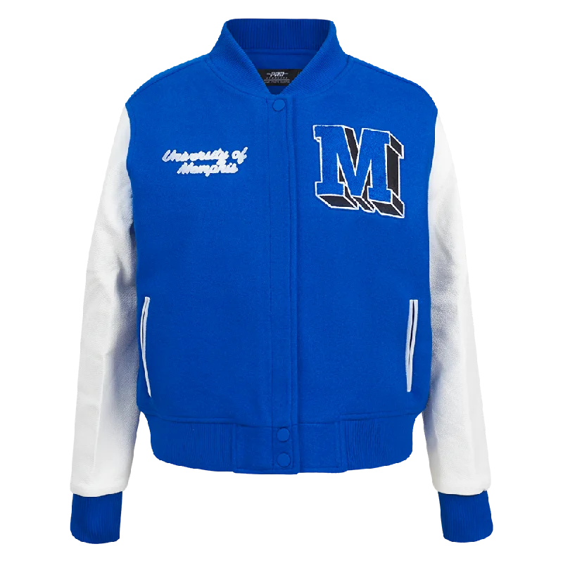 Now Available UNIVERSITY OF MEMPHIS CLASSIC WOMEN'S WOOL VARSITY JACKET (ROYAL BLUE/WHITE)