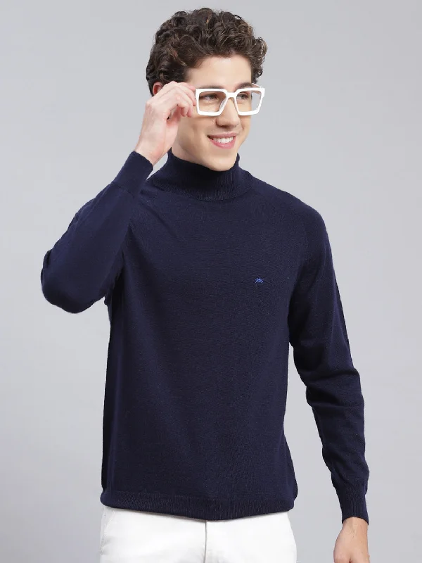 Men Navy Blue Solid Pure wool Pullover