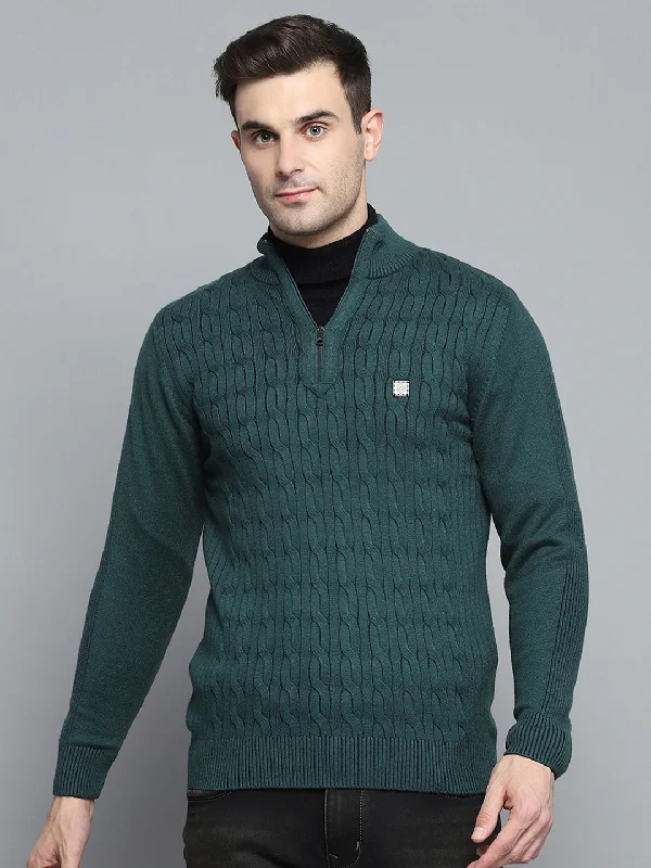 Best Bargains Men Green Self Design Mock Neck Full Sleeve Pullover