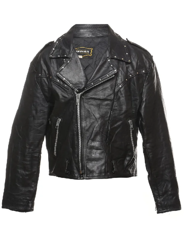 New Markdowns Black Studded Harley Davidson Embroidered Leather Jacket - L
