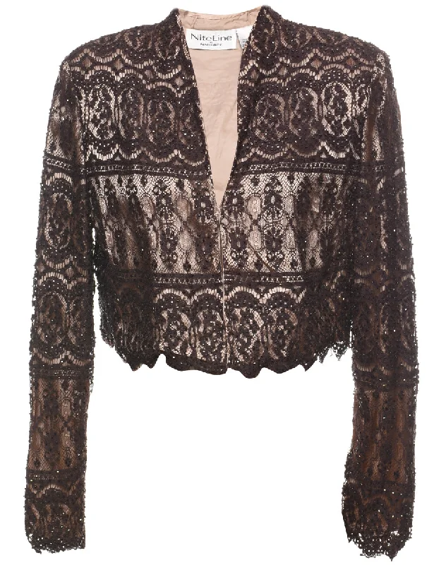 Super Sale Brown Lace 1980s Evening Jacket - M
