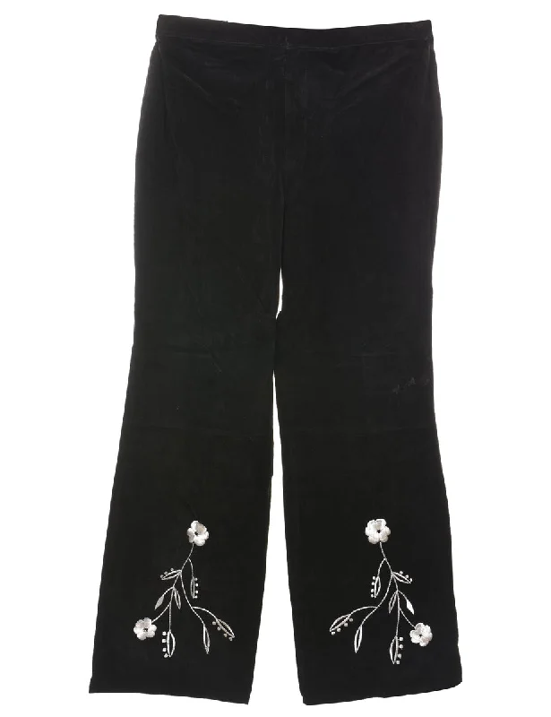 Black & White Suede 1990s Floral Embroidered Trousers - W32 L30