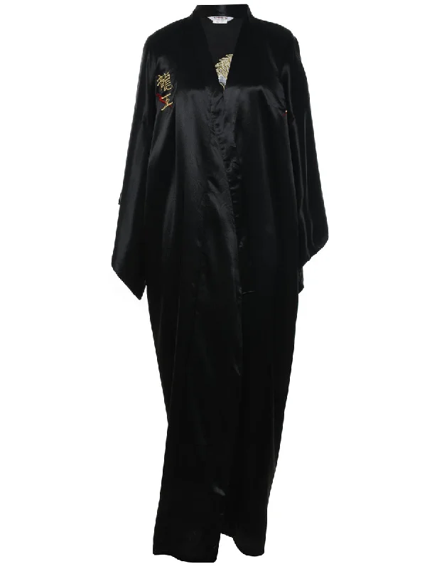Discount Days Black Silky Embroidered Dragon Design Dressing Gown - L