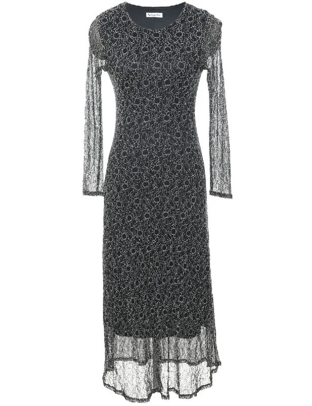 Black & Silver Lace Long-Sleeve Sparkly Evening Dress - S