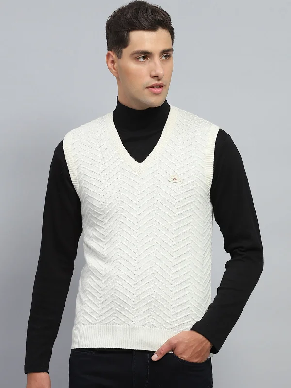 Doorbuster Deal Men White Self Design V Neck Sleeveless Sweater