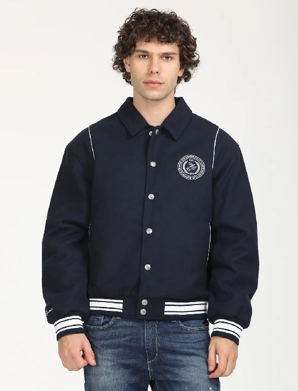 Seasonal Sale Men's Solid Navy Spread Collar Varsity Jacket