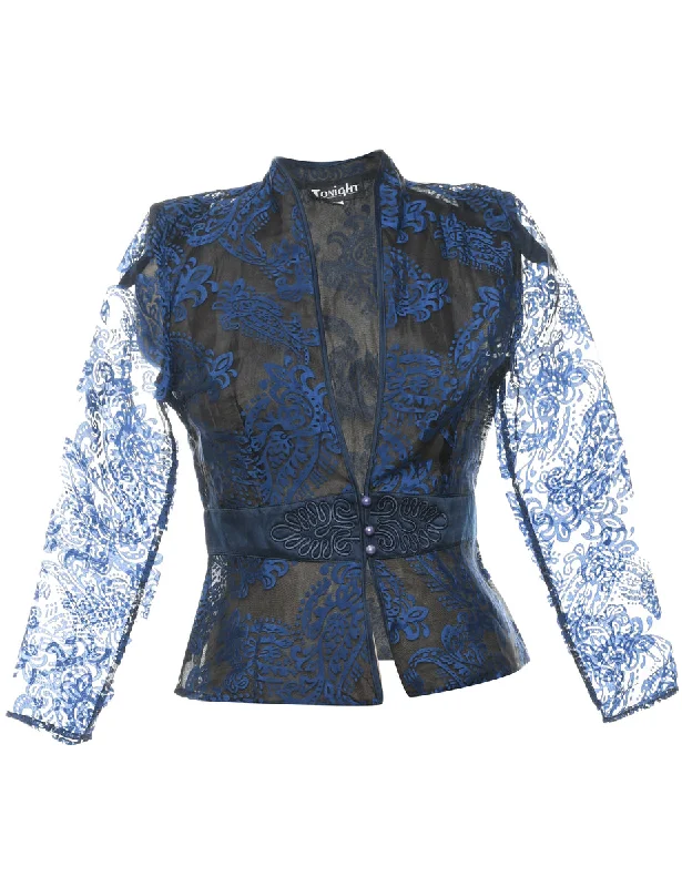 Weekend Discounts to Savor Blue Sheer Lace Evening Jacket - M