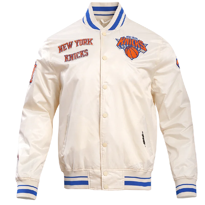 Weekend Specials Just for You NBA NEW YORK KNICKS RETRO CLASSIC MEN'S RIB SATIN JACKET (EGGSHELL/ ROYAL BLUE)