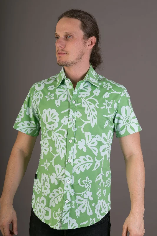 Price Drop Green White Aloha Floral Print Cotton Slim and Regular Fit Mens Shirt Short Sleeve