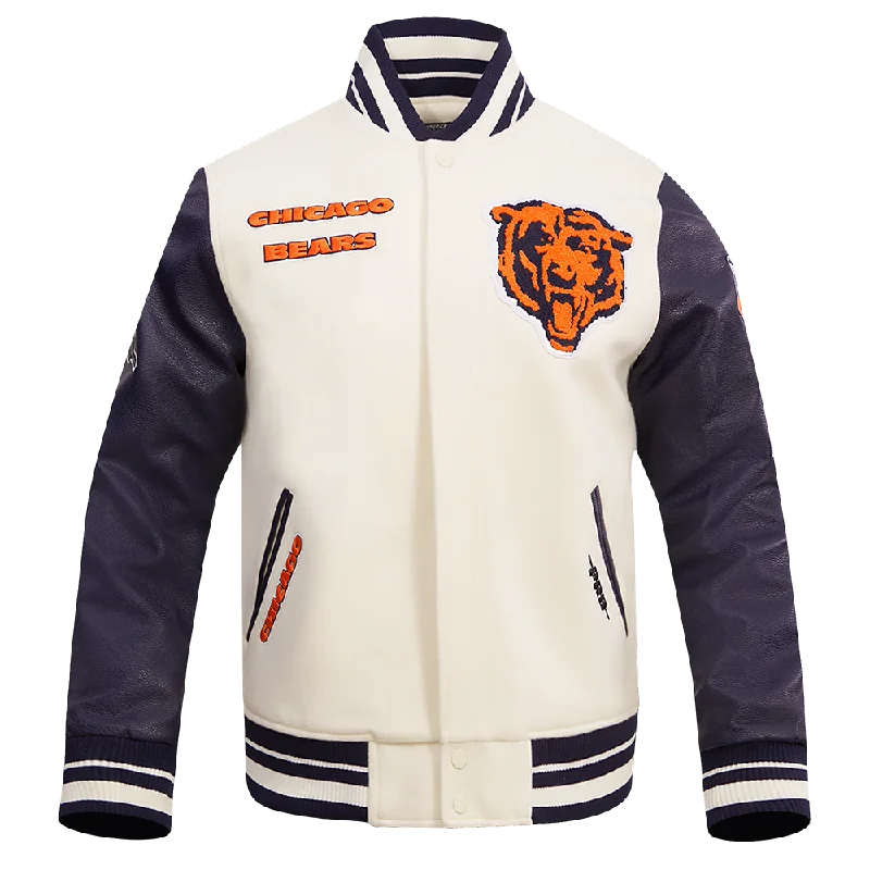 Weekend Price Cuts Galore NFL CHICAGO BEARS RETRO CLASSIC MEN'S RIB WOOL VARSITY JACKET (EGGSHELL/MIDNIGHT NAVY)