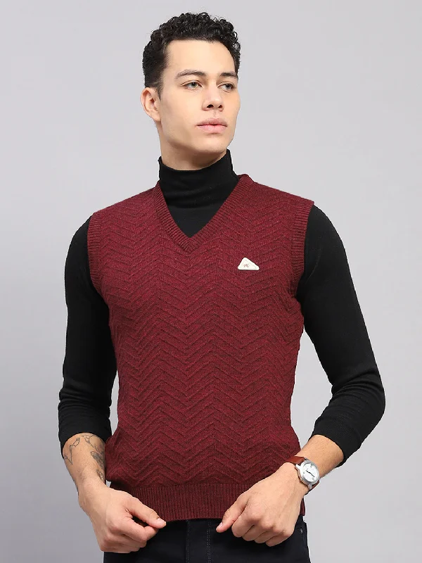 Sneak Peek Sale Men Maroon Self Design V Neck Sleeveless Sweater