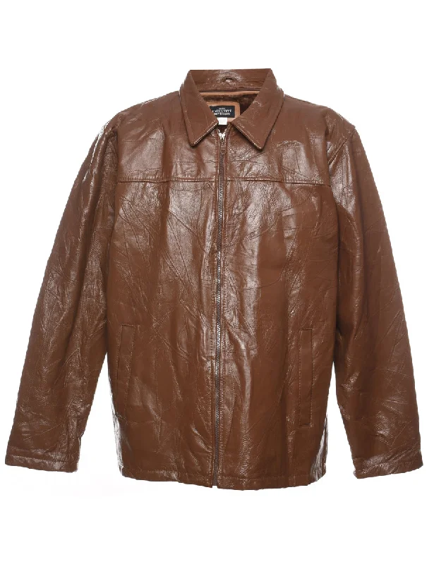 Best Bargains Brown Classic Zip-Front Leather Jacket - L