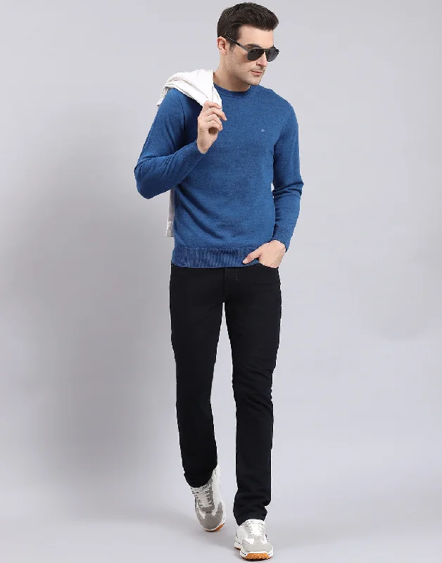 Weekend Deals That Spark Men Blue Solid Round Neck Full Sleeve Pullover