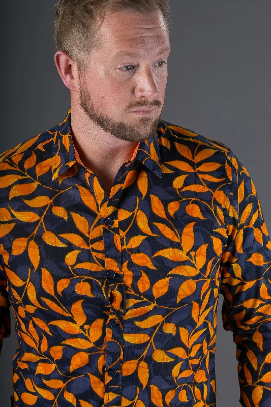 Weekend-Only Price Drops Blue Orange Floral Print Cotton Slim and Regular Fit Mens Shirt Long Sleeve