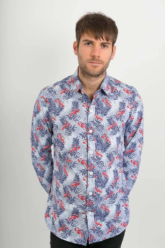 Weekend Deals to Brighten Your Day Lobster Blue Sea Print Cotton Slim Fit Mens Shirt Long Sleeve