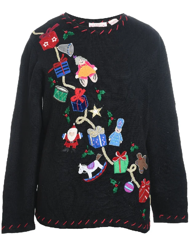 Black Appliqued Christmas Jumper - M