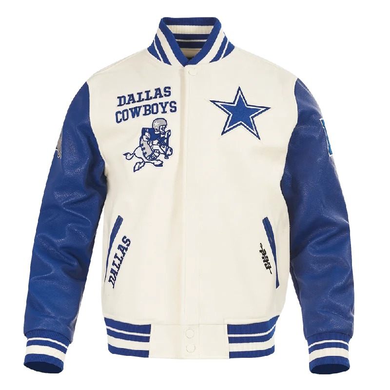 While Supplies Last NFL DALLAS COWBOYS RETRO CLASSIC MEN'S RIB WOOL VARSITY JACKET (EGGSHELL/DODGER BLUE)