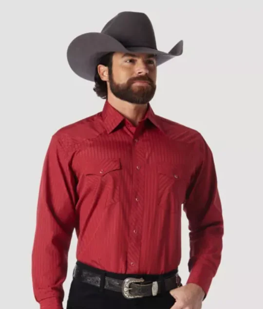 Weekend Specials to Love WRANGLER DOBBY STRIPE WINE LONG SLEEVE SNAP SHIRT