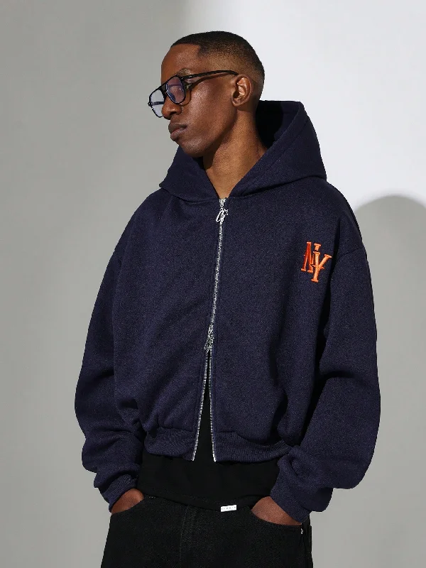 Crop Fit Zip Up Hoodie With Small Embroidery Pattern