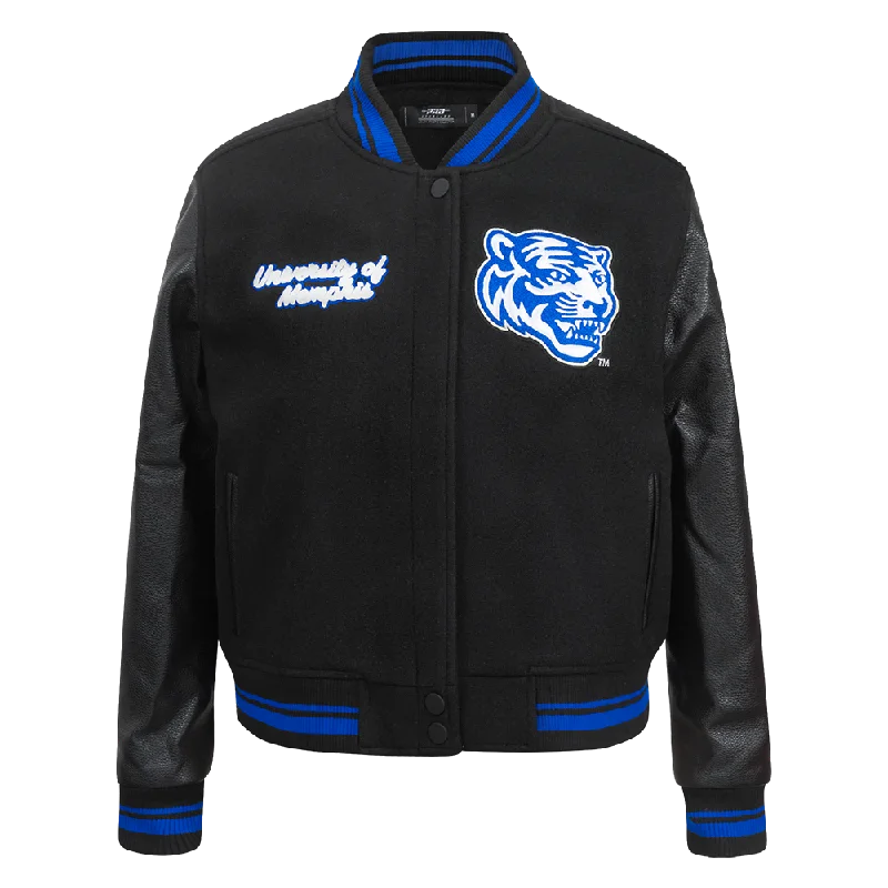 Massive Savings UNIVERSITY OF MEMPHIS CLASSIC WOMEN'S RIB WOOL VARSITY JACKET (BLACK/ROYAL BLUE/BLACK)