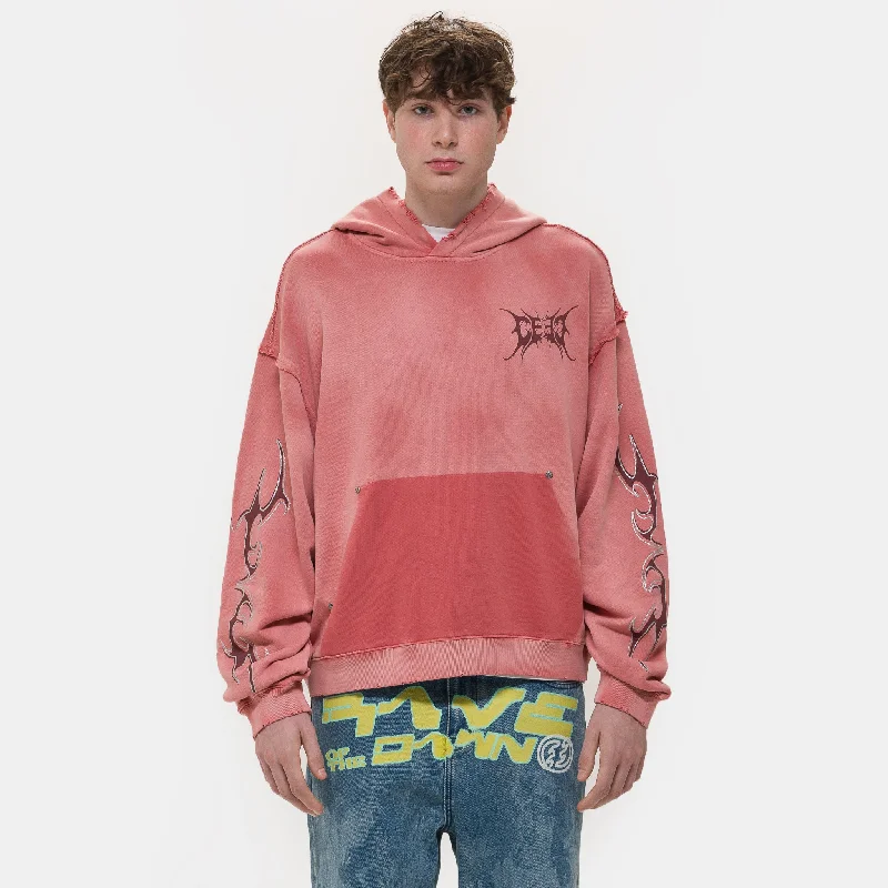 Glitter Layered Logo Print Distressed Hoodie in Dirty Pink