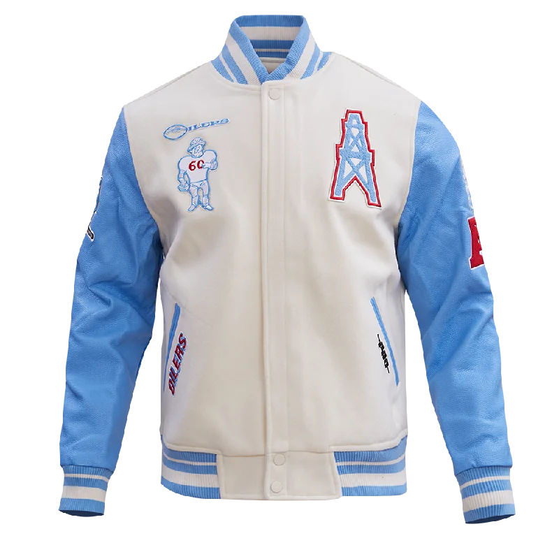 Half Price NFL HOUSTON OILERS RETRO CLASSIC MEN'S RIB WOOL VARSITY JACKET (EGGSHELL/ UNIVERSITY BLUE)