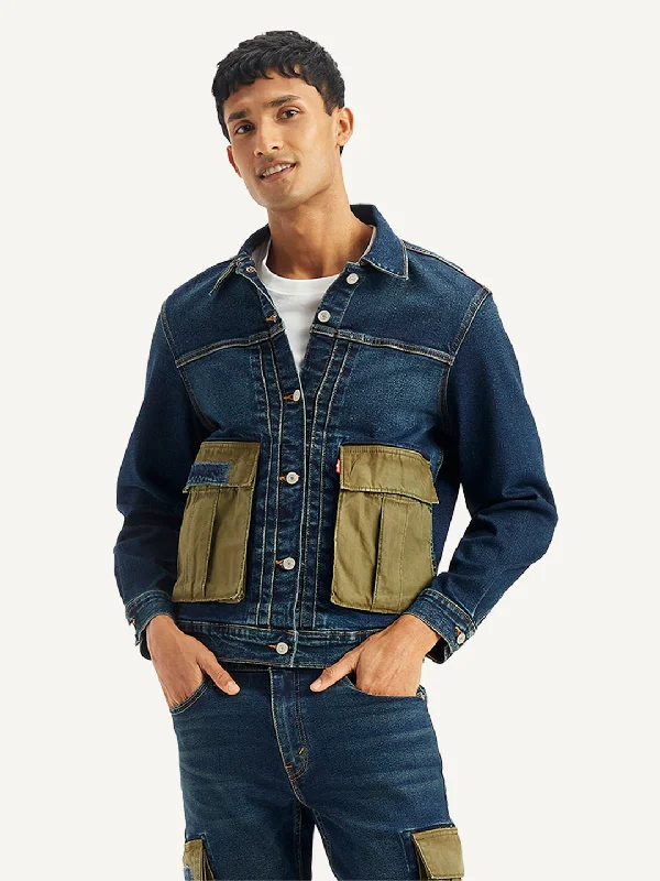 Weekend Discounts to Delight Men's Colorblock Navy Spread Collar Denim Jacket
