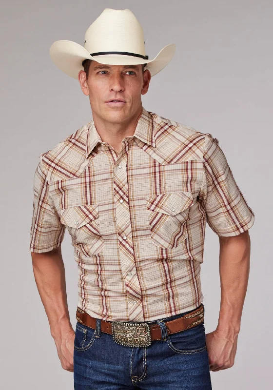 Roper Mens 2063 Plaid Tan/Cream Cotton Blend S/S Shirt