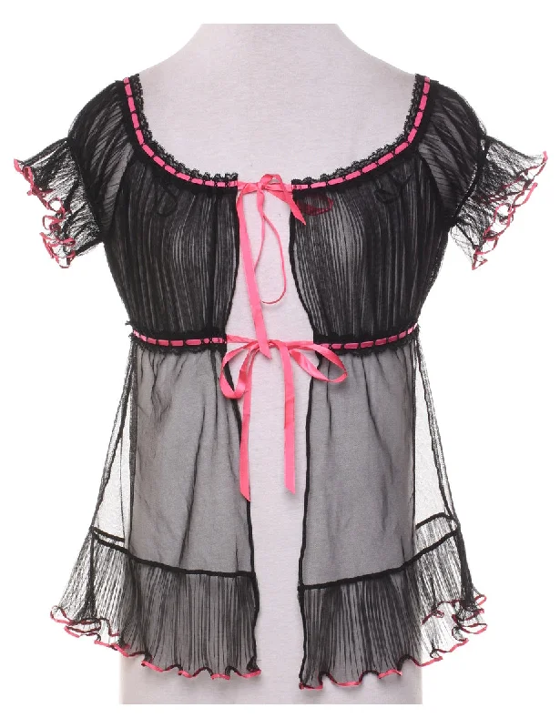 Black & Pink Sheer Effect Lace Bow Detail Babydoll - M