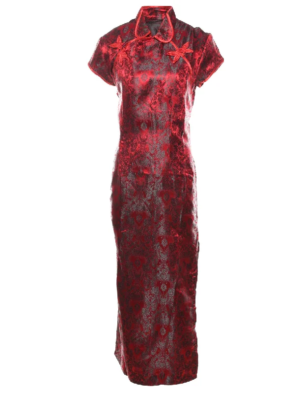 Special Discount Brocade Design Red & Black Shiny Dress - L