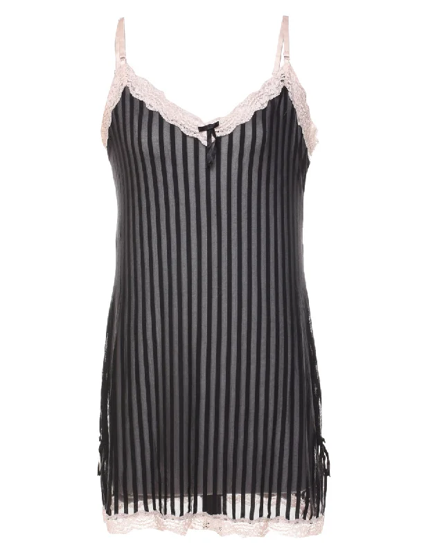 Major Savings Black Striped & Sheer Lace Trim Slip Dress  - S