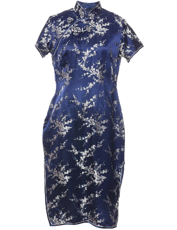 Savings Galore Brocade Design Navy & Silver Metallic Evening Dress - M