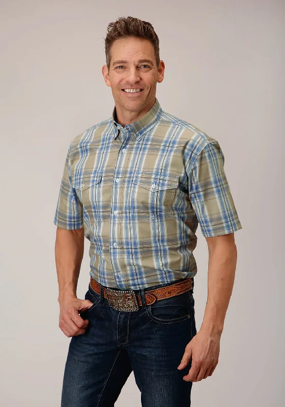 Massive Deals Roper Mens 1552 Sandy Plaid Tan 100% Cotton Btn S/S Shirt