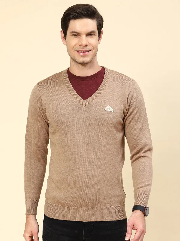 Men Khaki Solid V Neck Full Sleeve Pullover