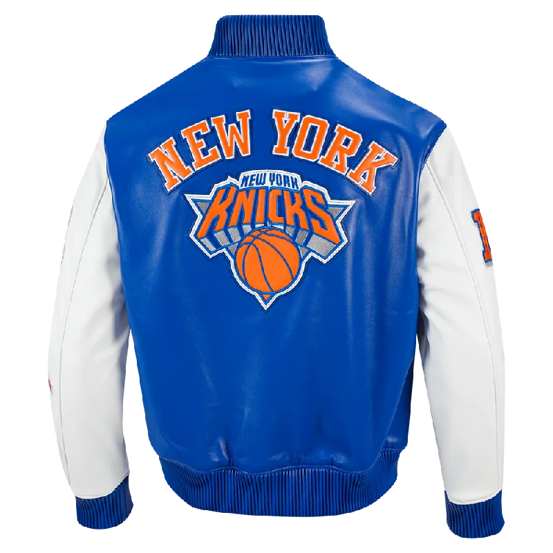 Weekend Offers That Tempt NBA NEW YORK KNICKS CITY SIGNATURE MEN'S LEATHER VARSITY JACKET (ROYAL BLUE/WHITE)