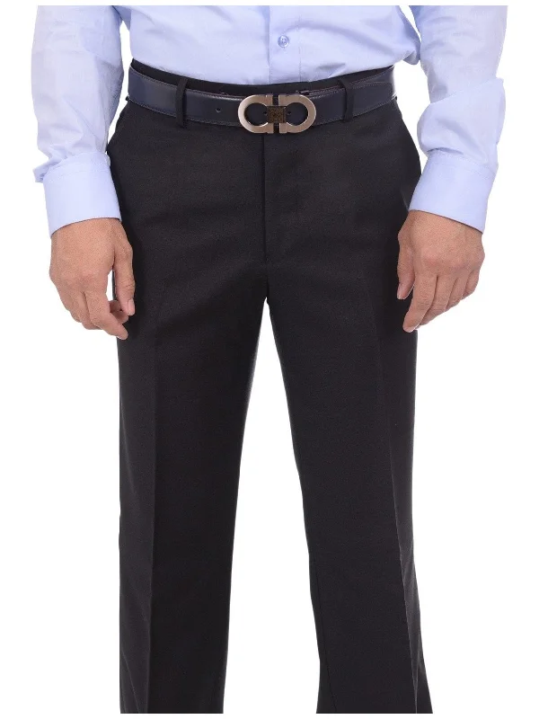 Can't Miss Mens Napoli Extra Slim Fit Solid Black Flat Front Wool Cashmere Dress Pants