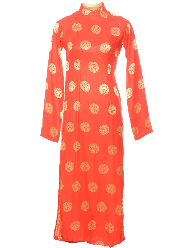 Special Price Brocade Design Red & Gold Cheongsam Collar Evening Dress - M