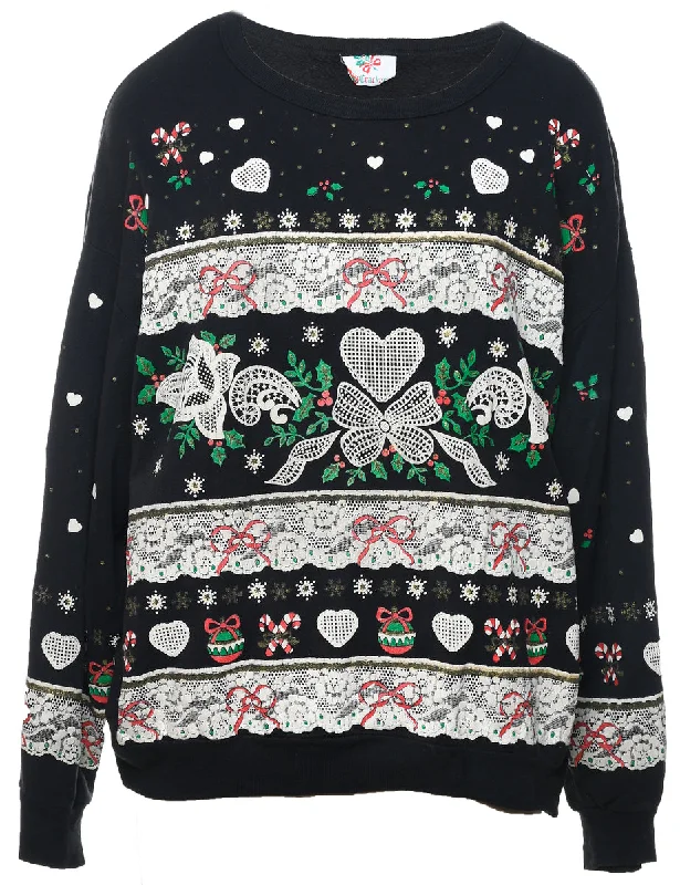 Black Christmas Patterned Sweatshirt - L