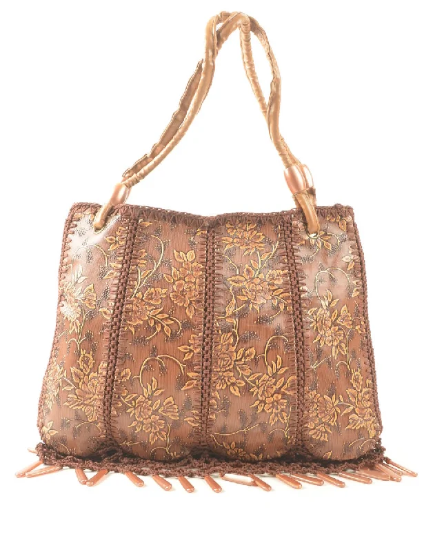 Overstock Brown Floral Design Fringed Leather Handbag - S