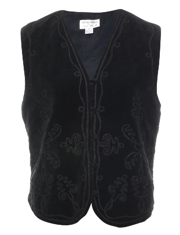 Online Specials Black Velvet Embroidered Waistcoat - M