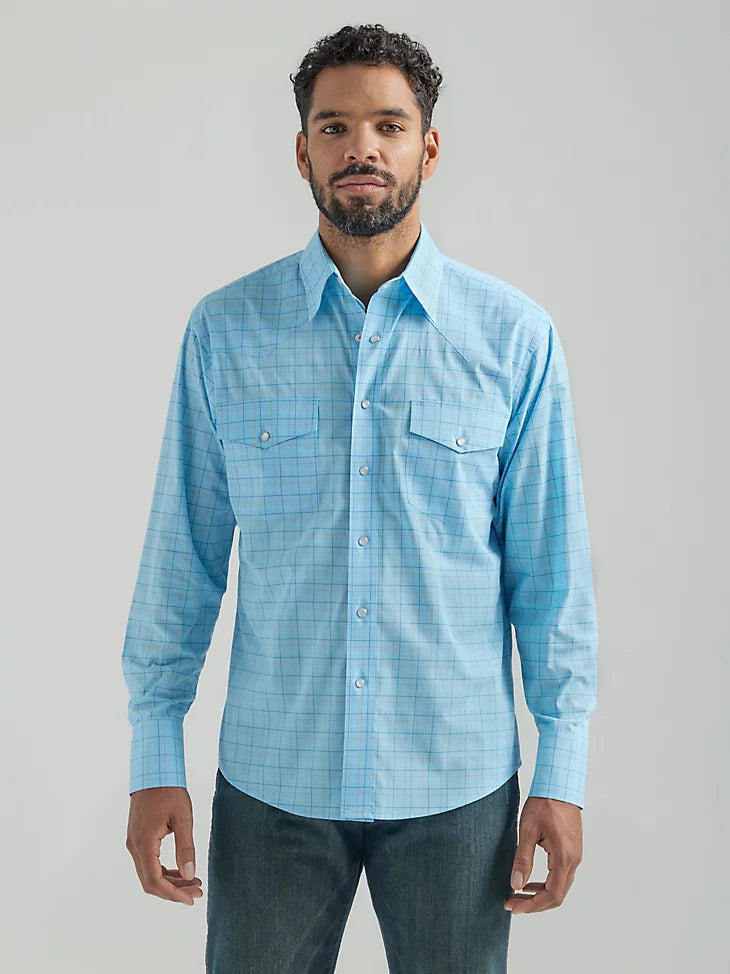 Weekend Discounts to Savor WRANGLER MEN'S WRINKLE RESIST LONG SLEEVE WESTERN SNAP PLAID SHIRT IN BABY BLUE