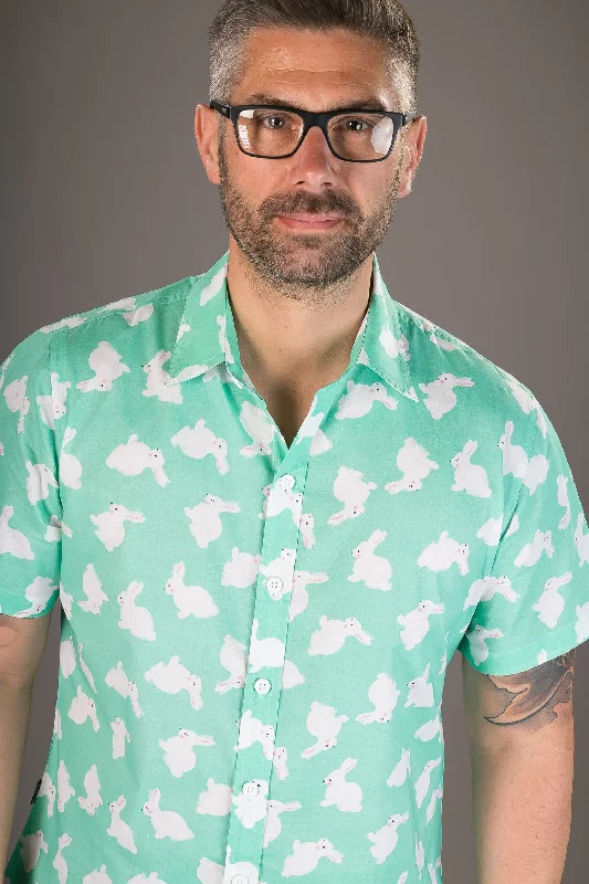 Value Deals Green White Rabbit Print Cotton Slim Fit Mens Shirt Short Sleeve