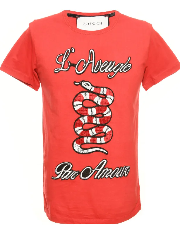 Hurry In Bootleg Gucci Embroidered Red Printed T-shirt - M
