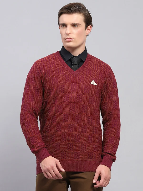 Deal of the Day Men Maroon Self Design V Neck Full Sleeve Pullover