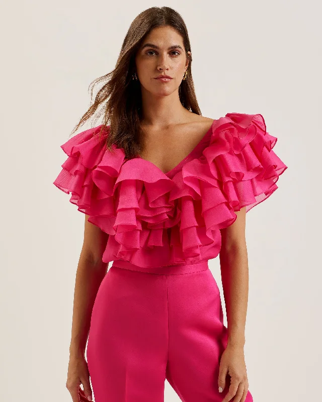 Bargain Bin Calonda Oversized Ruffle V Neck Top Fuchsia