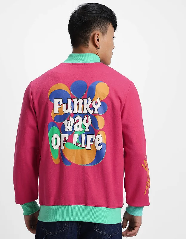 Weekend Savings Bonanza Magenta Back Typographic Printed Varsity Jacket