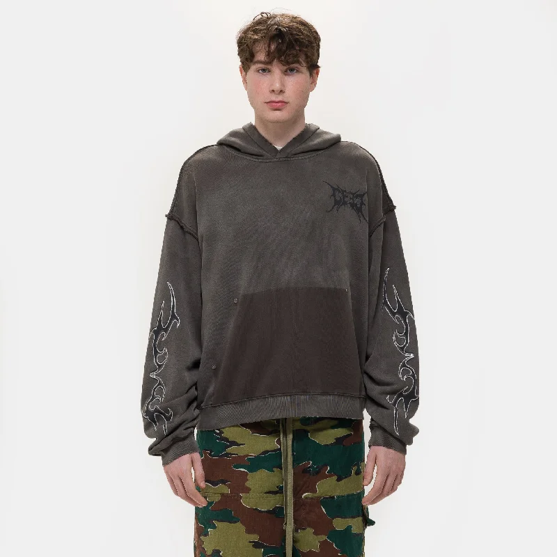 Glitter Layered Logo Print Distressed Hoodie in Dark Grey