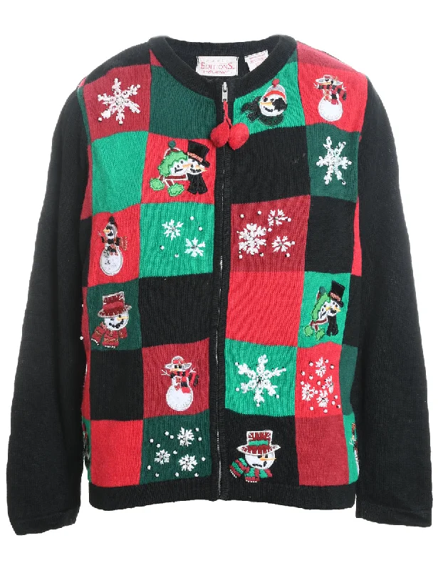 Weekend Special Black, Red & Green Snowman Knit Christmas Cardigan  - M