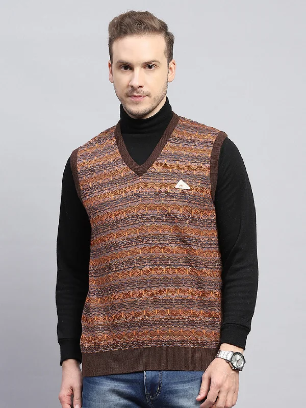 Weekend Deals That Sparkle Men Brown Self Design V Neck Sleeveless Sweater