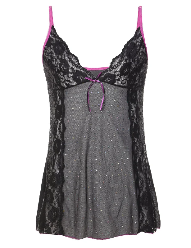 Black & Purple Sheer 1990s Lace Babydoll - XS